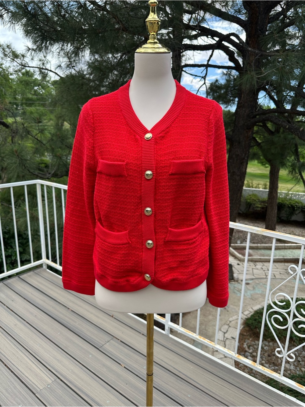 Women's Red Button-Up Knit Cardigan with Gold Buttons